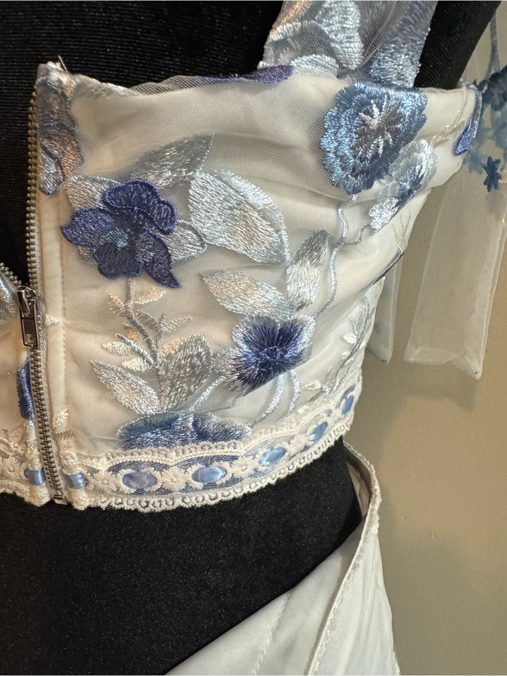 Altar'd State White Maxi Skirt with Light Blue Floral Embroidery - Picture 3 of 7